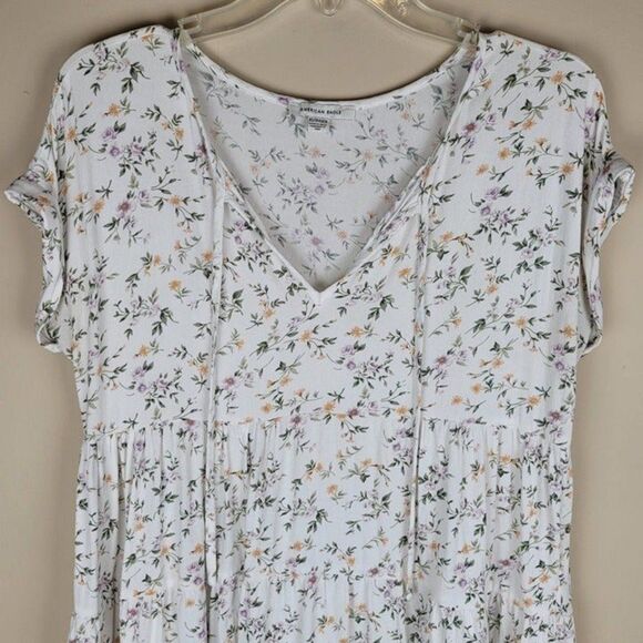 American Eagle Outfitters Floral Tiered Viscose Blouse Short Sleeve White XS - Picture 3 of 12